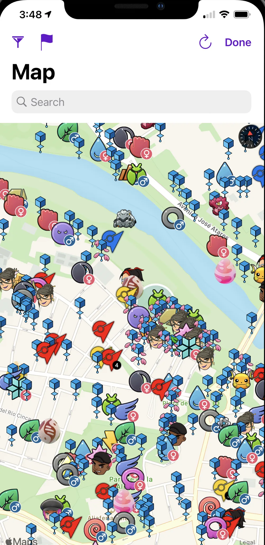 SpooferPro map view with Pokémon, stops and gyms marked around a river